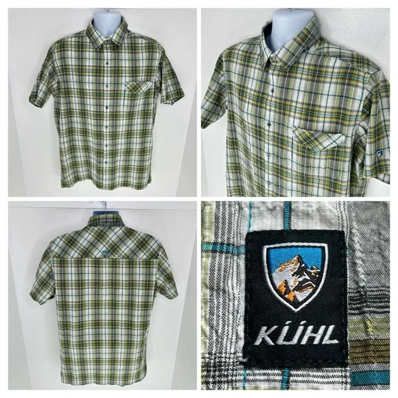 Kuhl Green Plaid Seersucker Button Down Shirt Large Hiking Fishing Outdoors Gorp - Picture 1 of 13